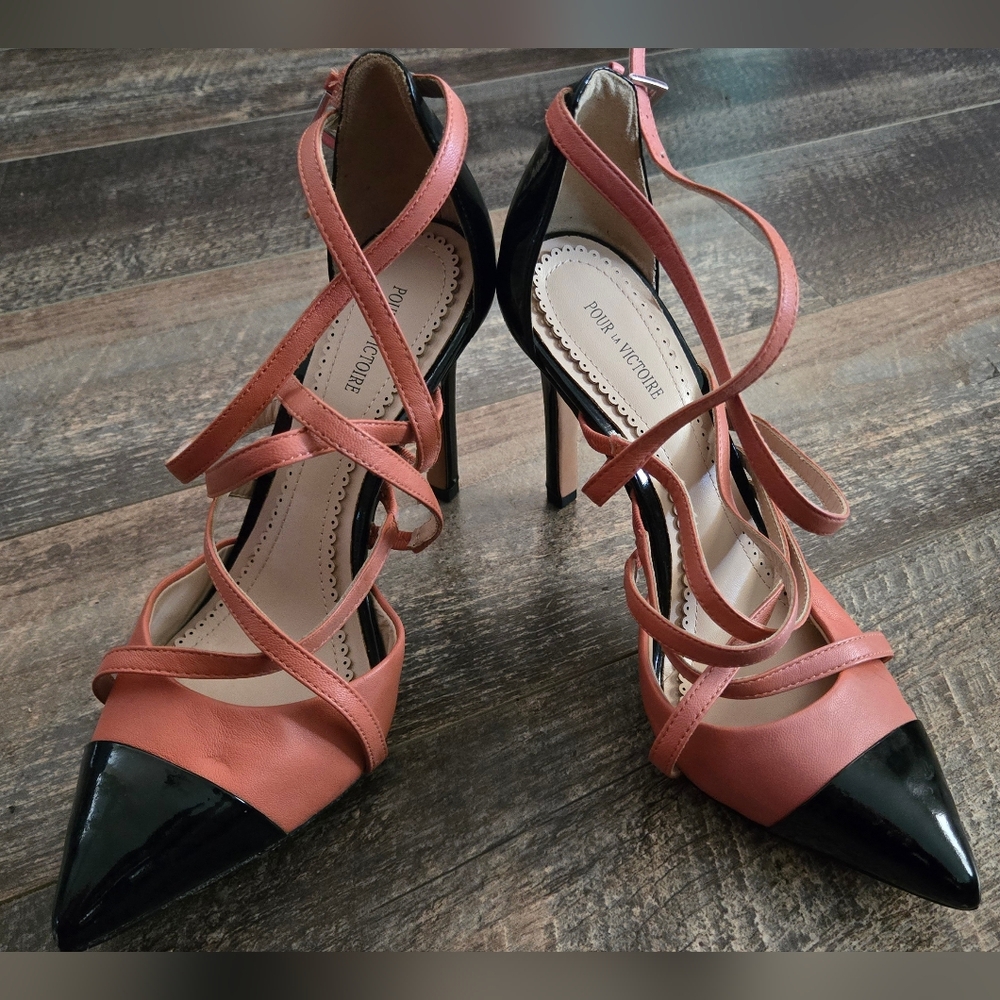 Pour La Victoire Pink and Black Strappy Heels